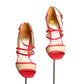 ESCADA- Red & Tan Patent Leather Strappy Sandals, Size 37.5