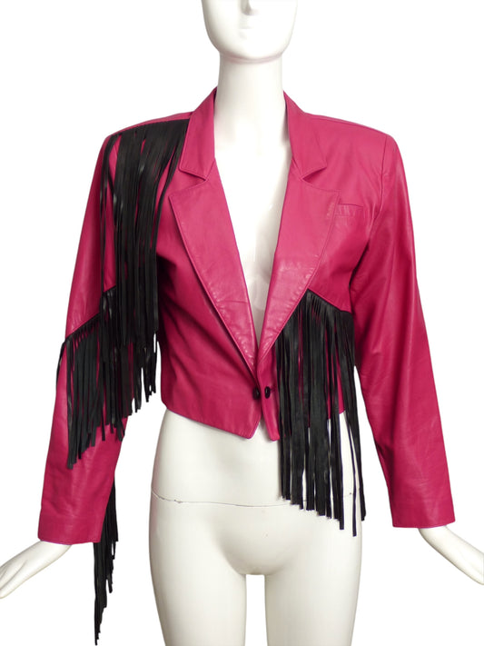 IN TRANSIT-1980s Pink & Black Fringe Bolero, Size 4