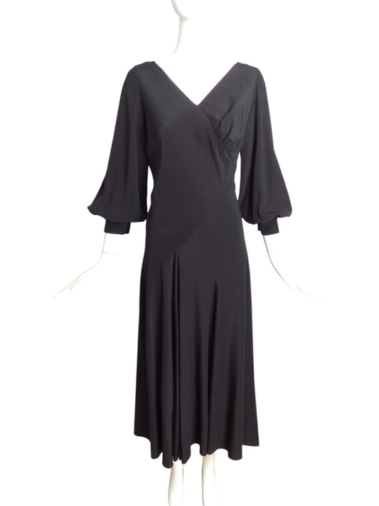 GALANOS- 1970s Black Bias Cut Silk Dress, Size 6