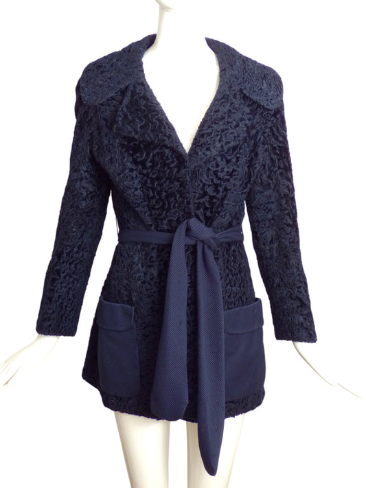 1960s Navy Broadtail Fur Coat, Size 6