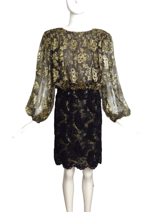 BILL BLASS- 1980s Metallic Lace Cocktail Dress, Size 4