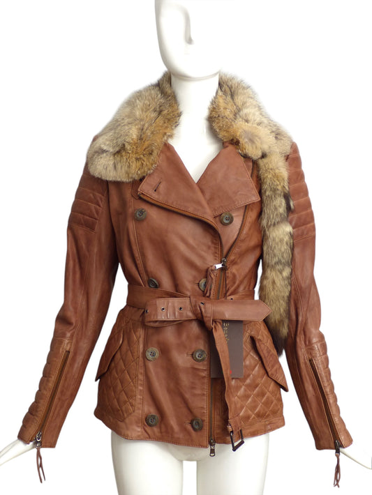 BENEDETTA NOVI- NWT Brown Leather & Fur Trimmed Coat, Size 10