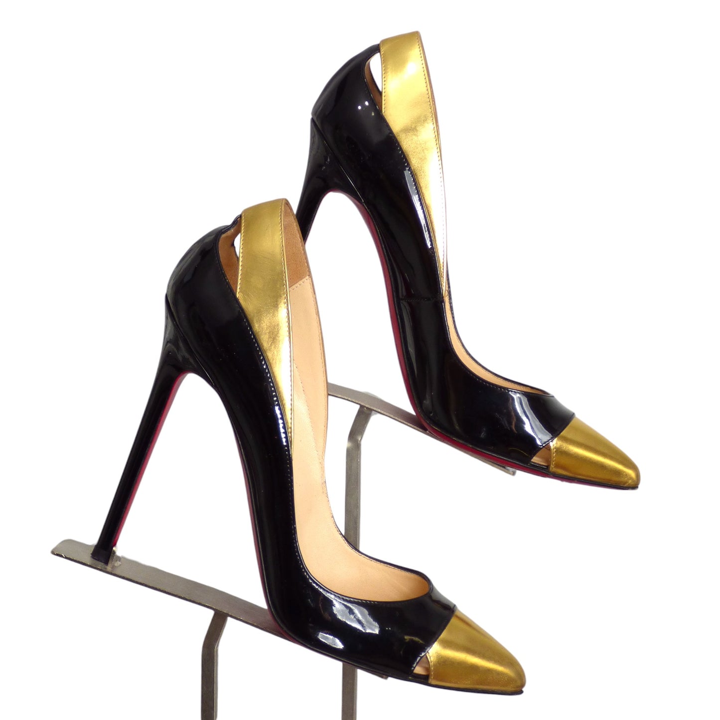 CHRISTIAN LOUBOUTIN- Black & Gold Patent Pumps, Size 37