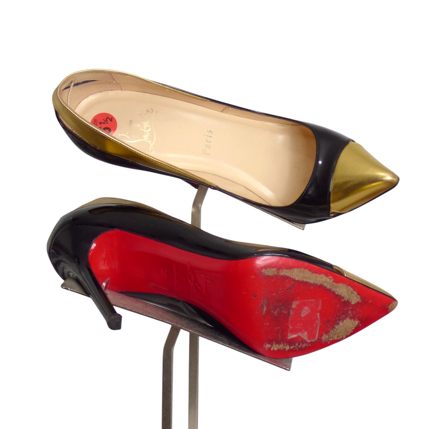 CHRISTIAN LOUBOUTIN- Black & Gold Patent Pumps, Size 37