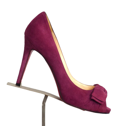 CHRISTIAN LOUBOUTIN- Burgundy Suede Peep Toe Pumps, Size 36.5