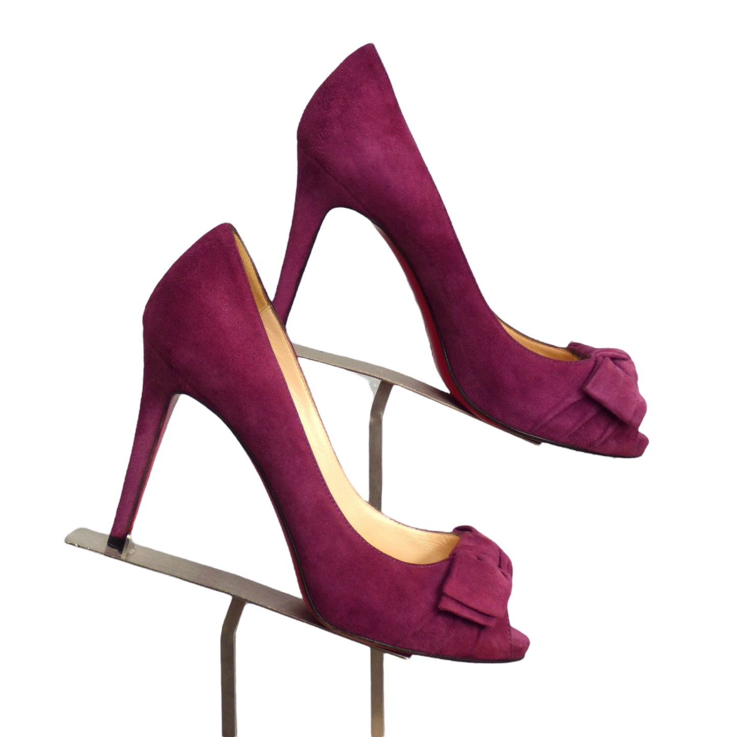 CHRISTIAN LOUBOUTIN- Burgundy Suede Peep Toe Pumps, Size 36.5