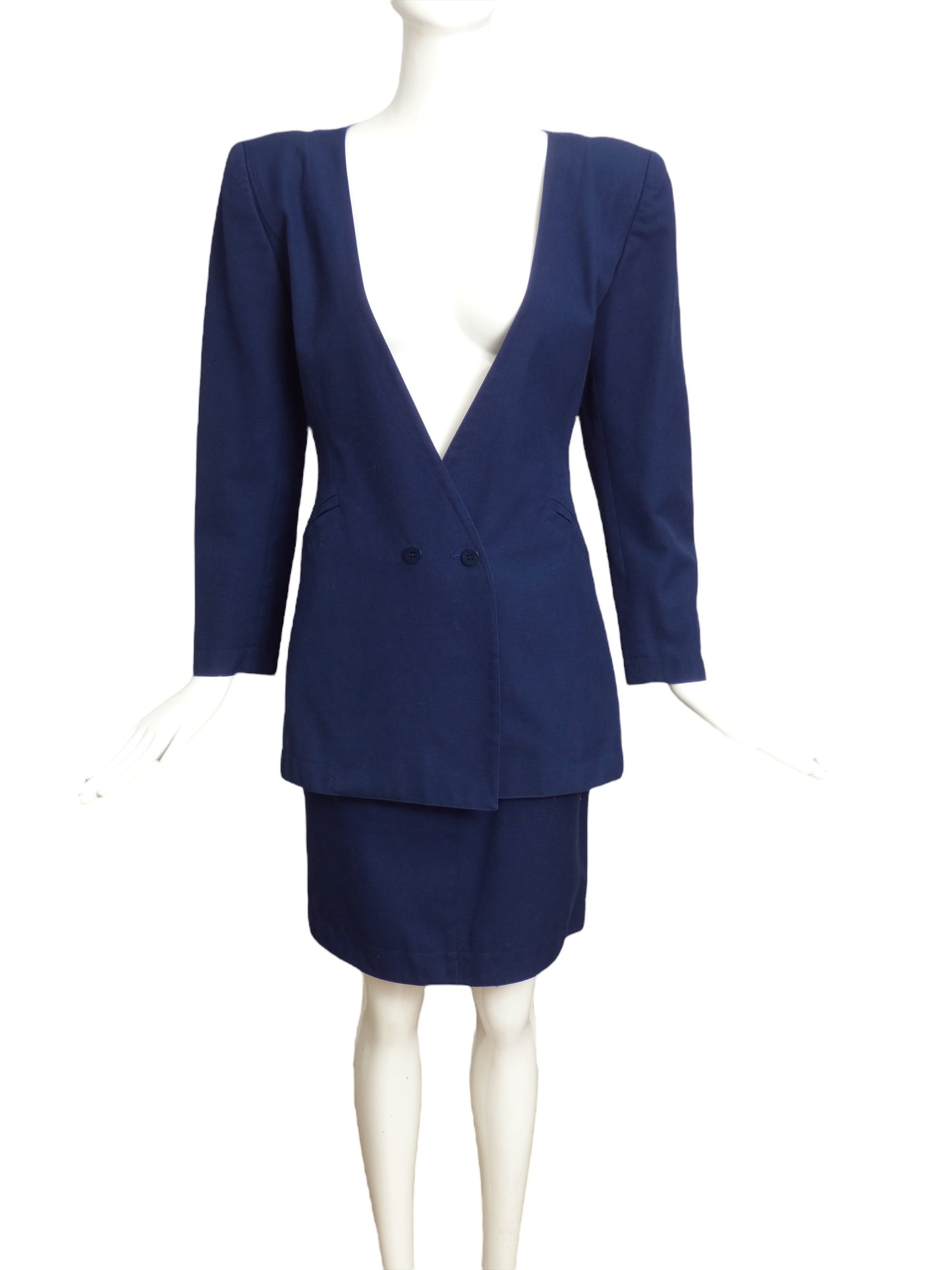 CLAUDE MONTANA- 1990s Navy Cotton Skirt Suit, Size 6