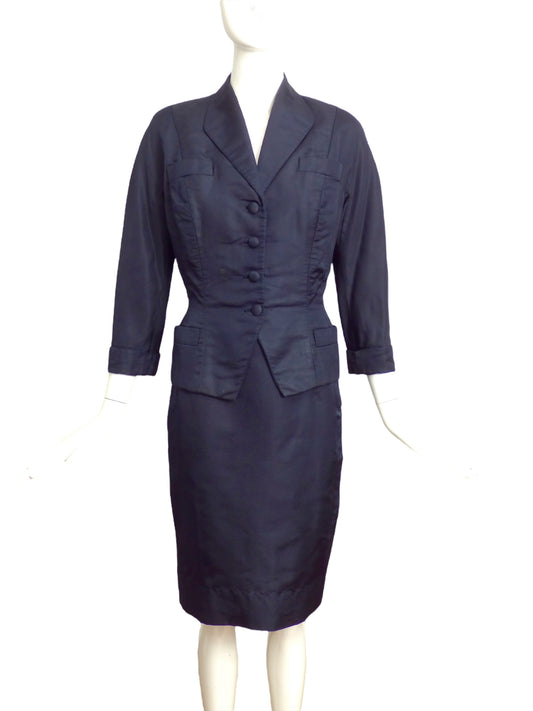 DON LOPER- 1950s Navy Silk Skirt Suit, Size 8