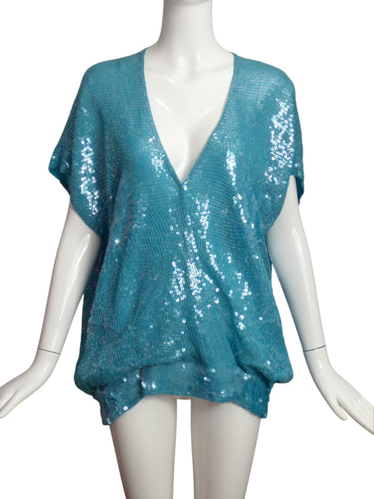 1980s Turquoise Sequin Evening Blouse, Size 8