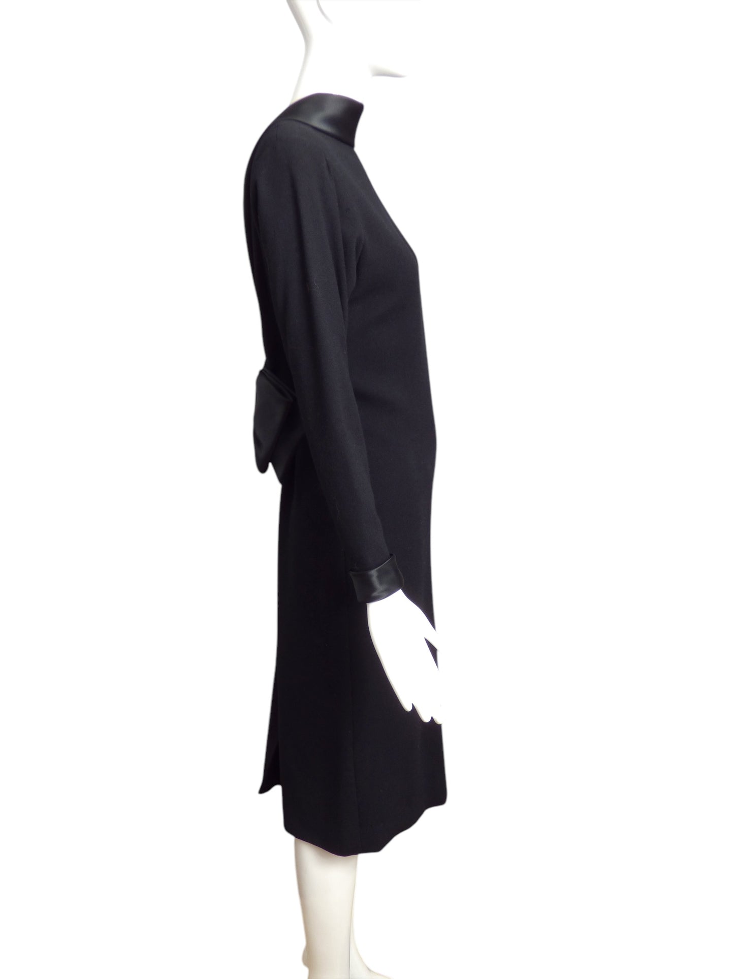 RIZKALLAH- 1980s Black Wool & Satin Reverse Tuxedo Dress, Size 4