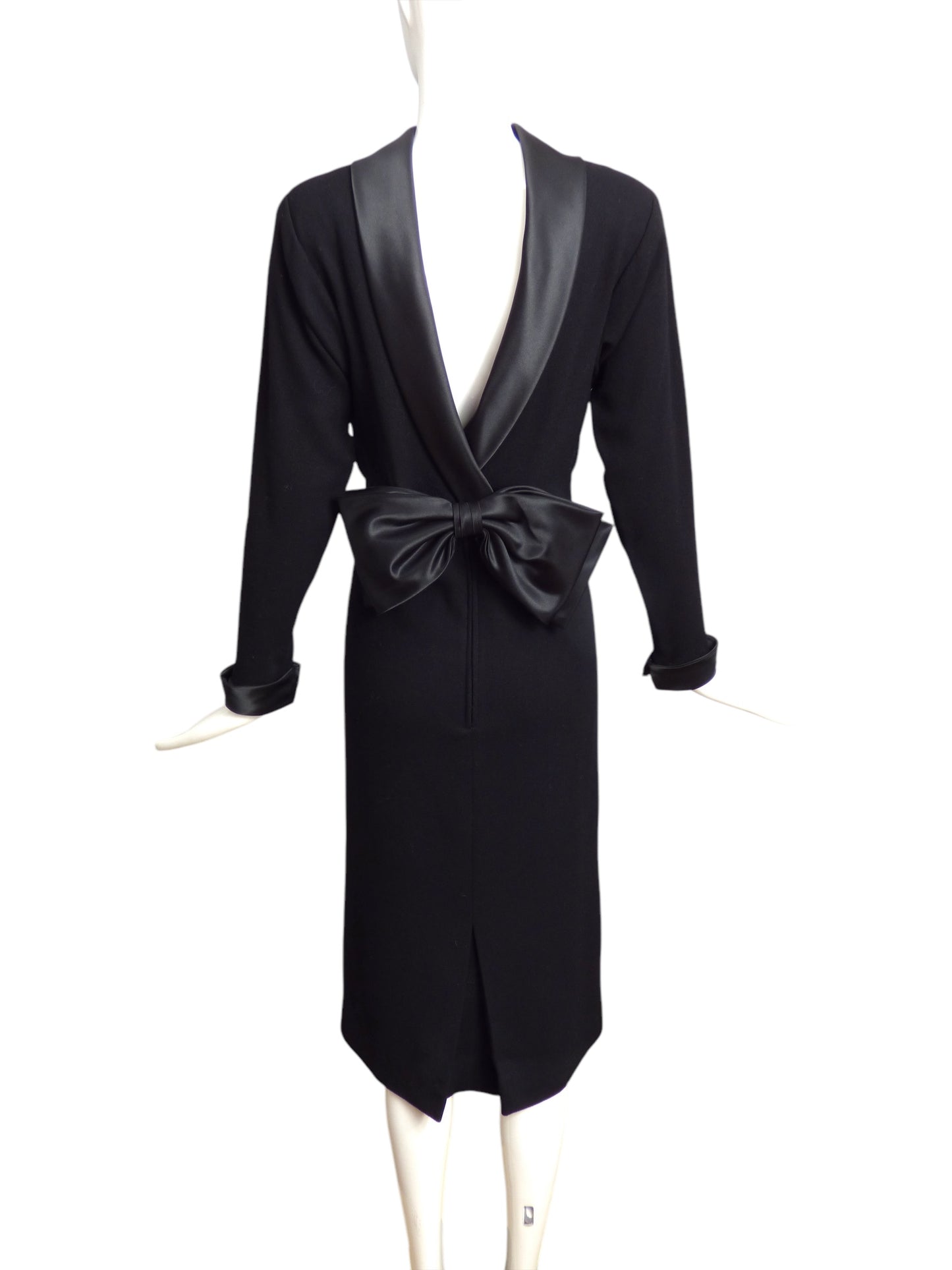 RIZKALLAH- 1980s Black Wool & Satin Reverse Tuxedo Dress, Size 4