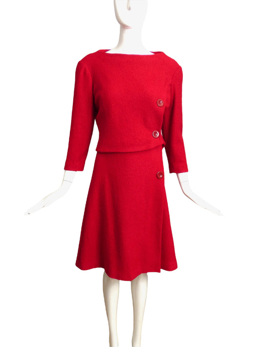 1960s Red Boucle Skirt Ensemble, Size 8