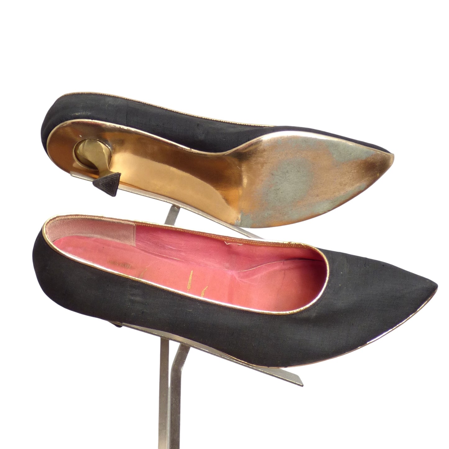 1960s Black & Gold Silk Pumps, Size 7 1/2