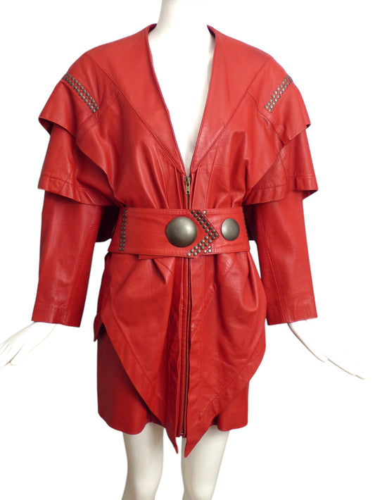 ISSEY MIYAKE- 1980s Red Studded Leather Coat, Size 8