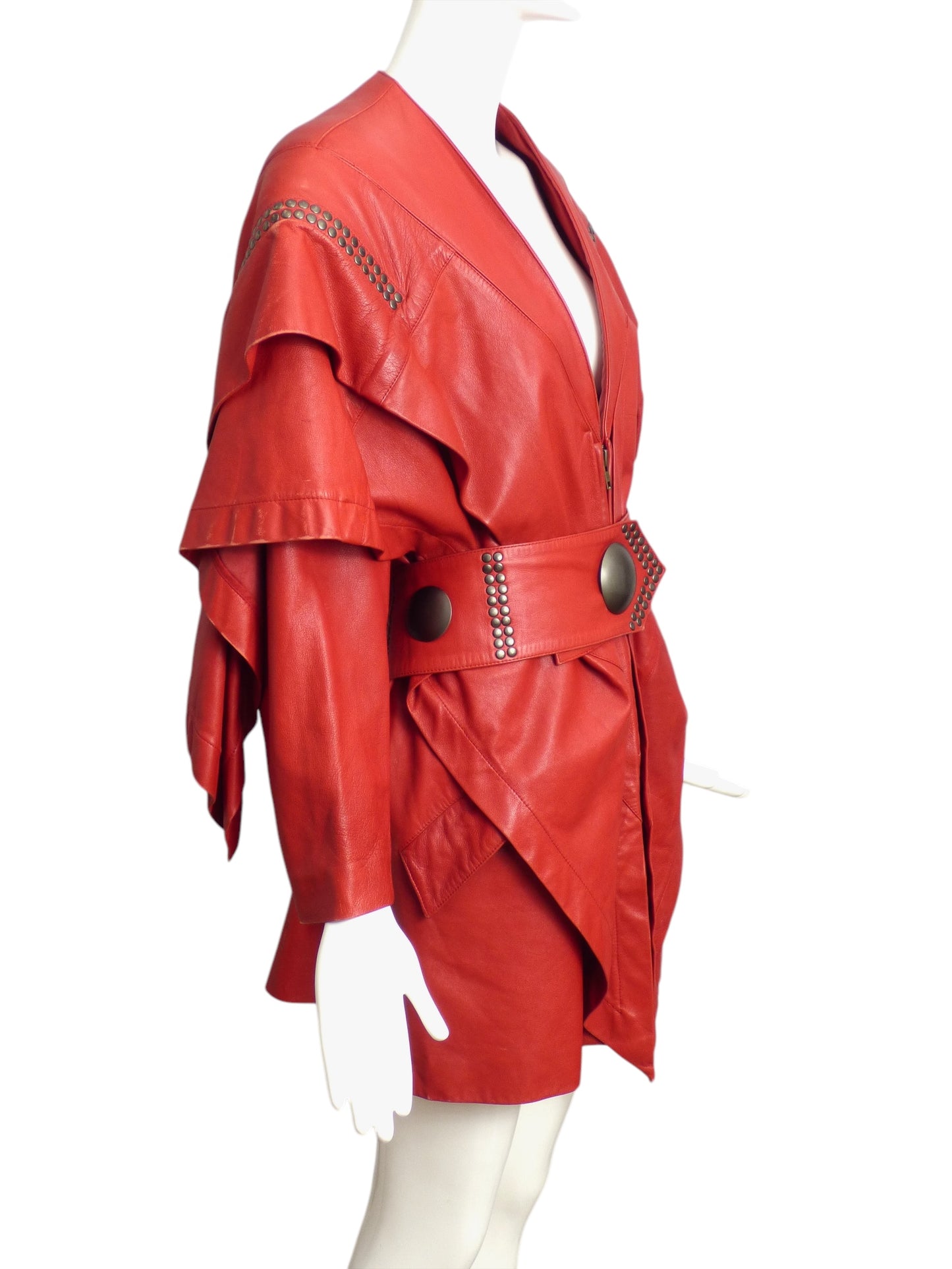 ISSEY MIYAKE- 1980s Red Studded Leather Coat, Size 8