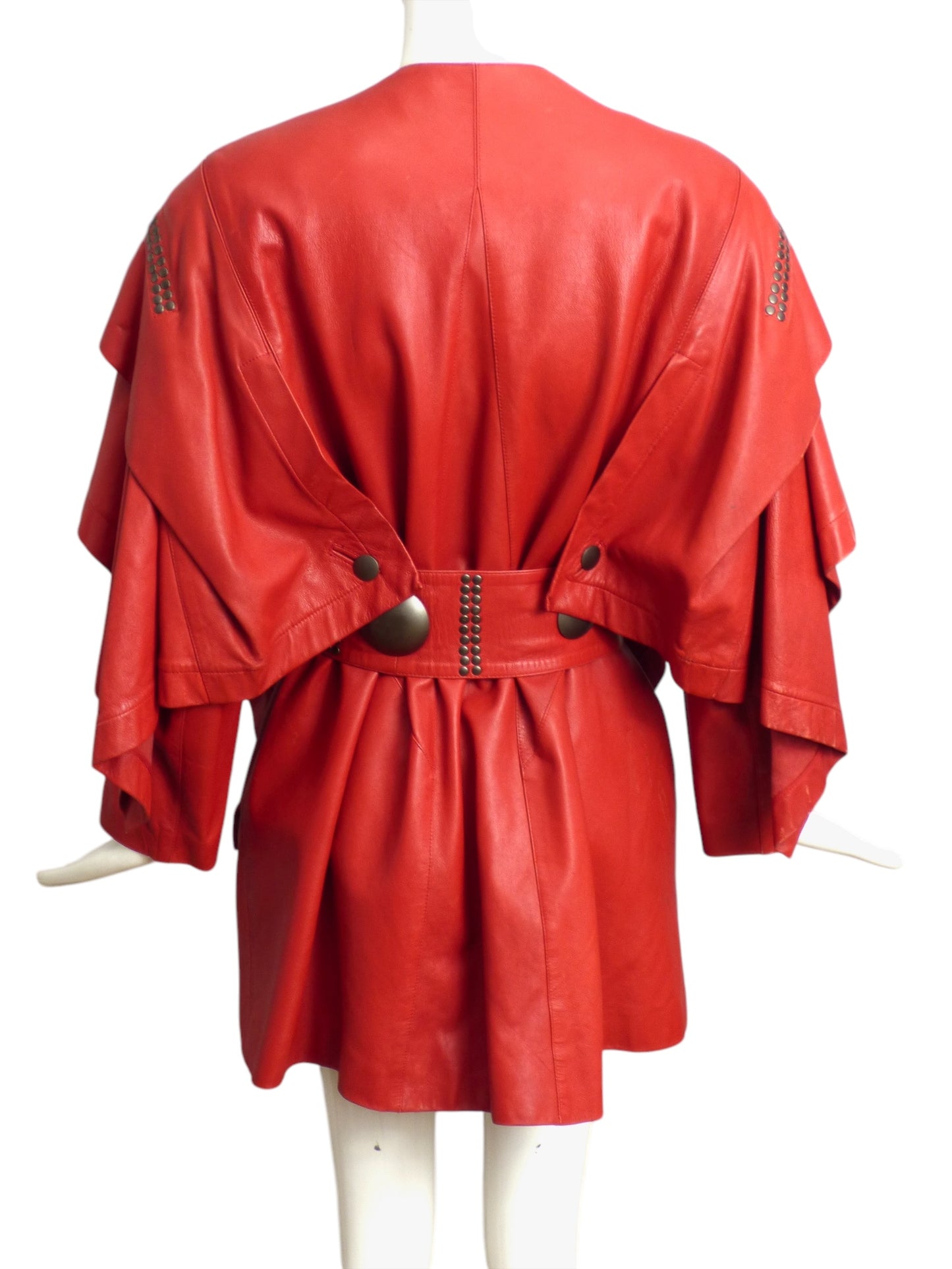 ISSEY MIYAKE- 1980s Red Studded Leather Coat, Size 8