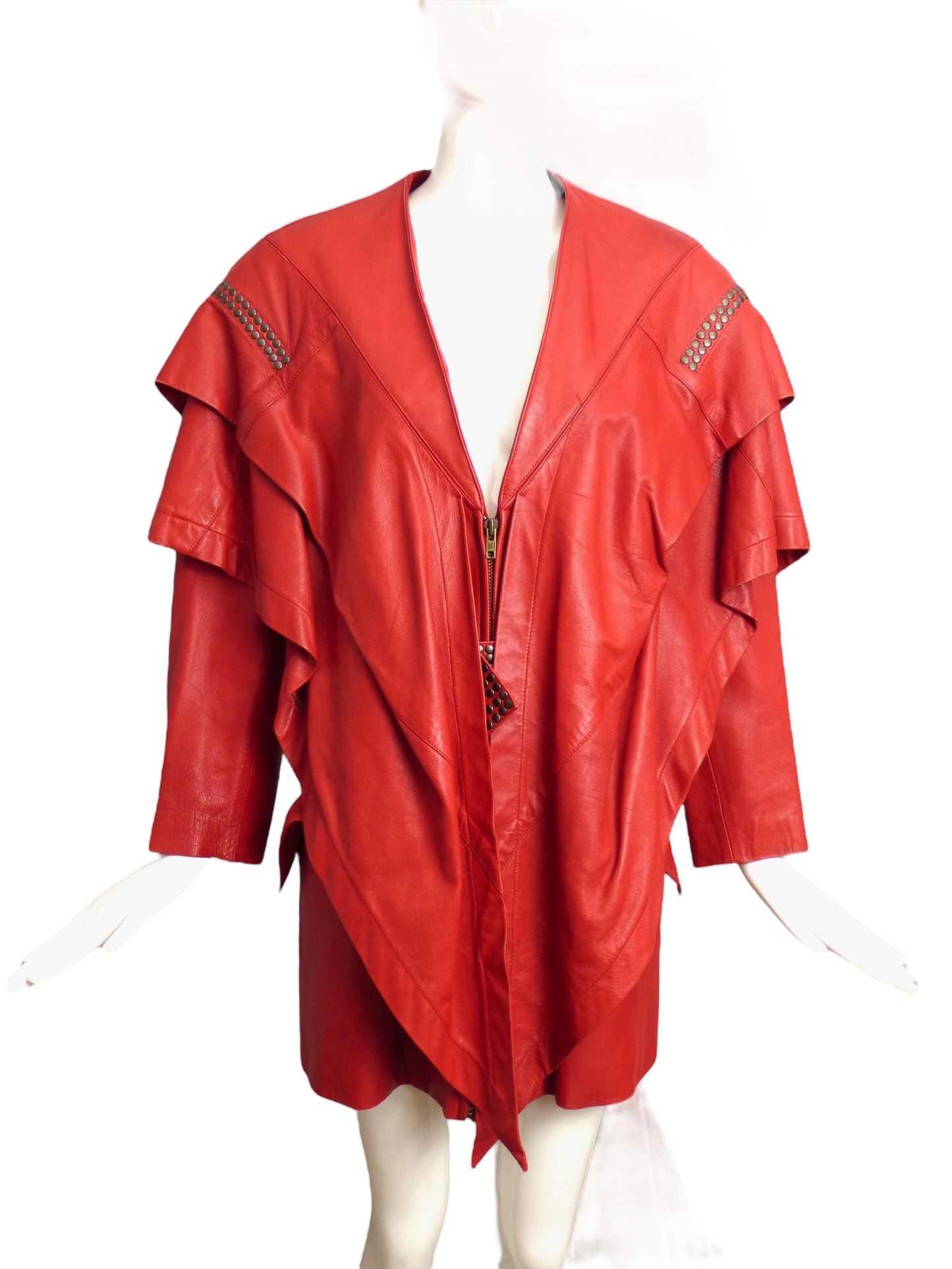 ISSEY MIYAKE- 1980s Red Studded Leather Coat, Size 8