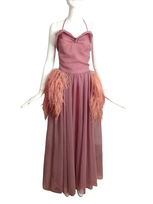 1950s Pink Organza & Feather Gown, Size 8