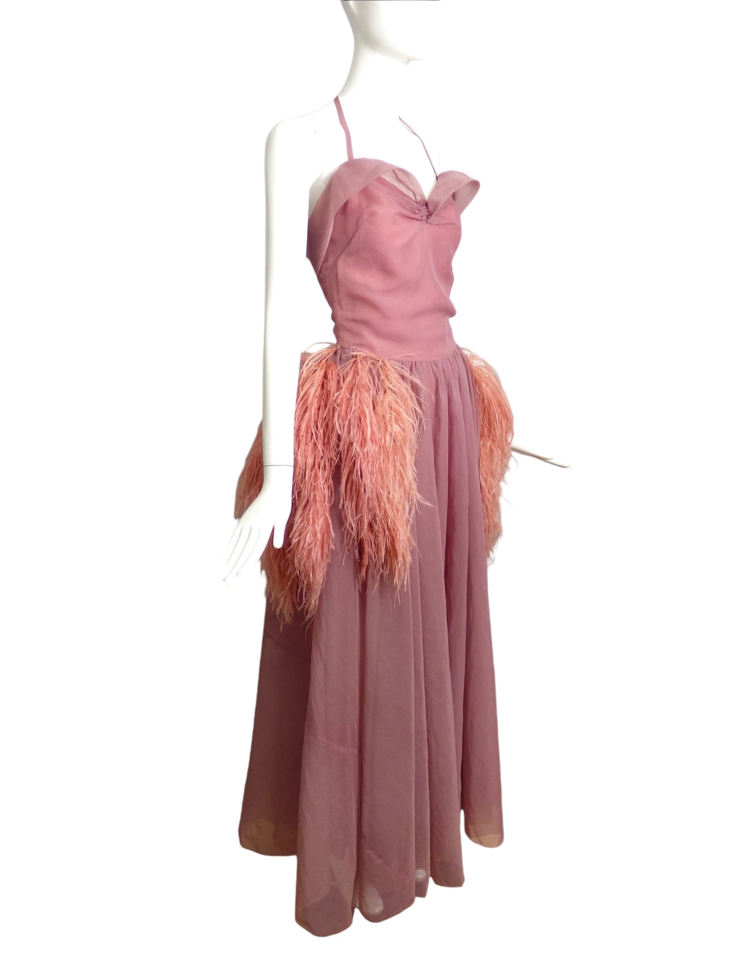 1950s Pink Organza & Feather Gown, Size 8