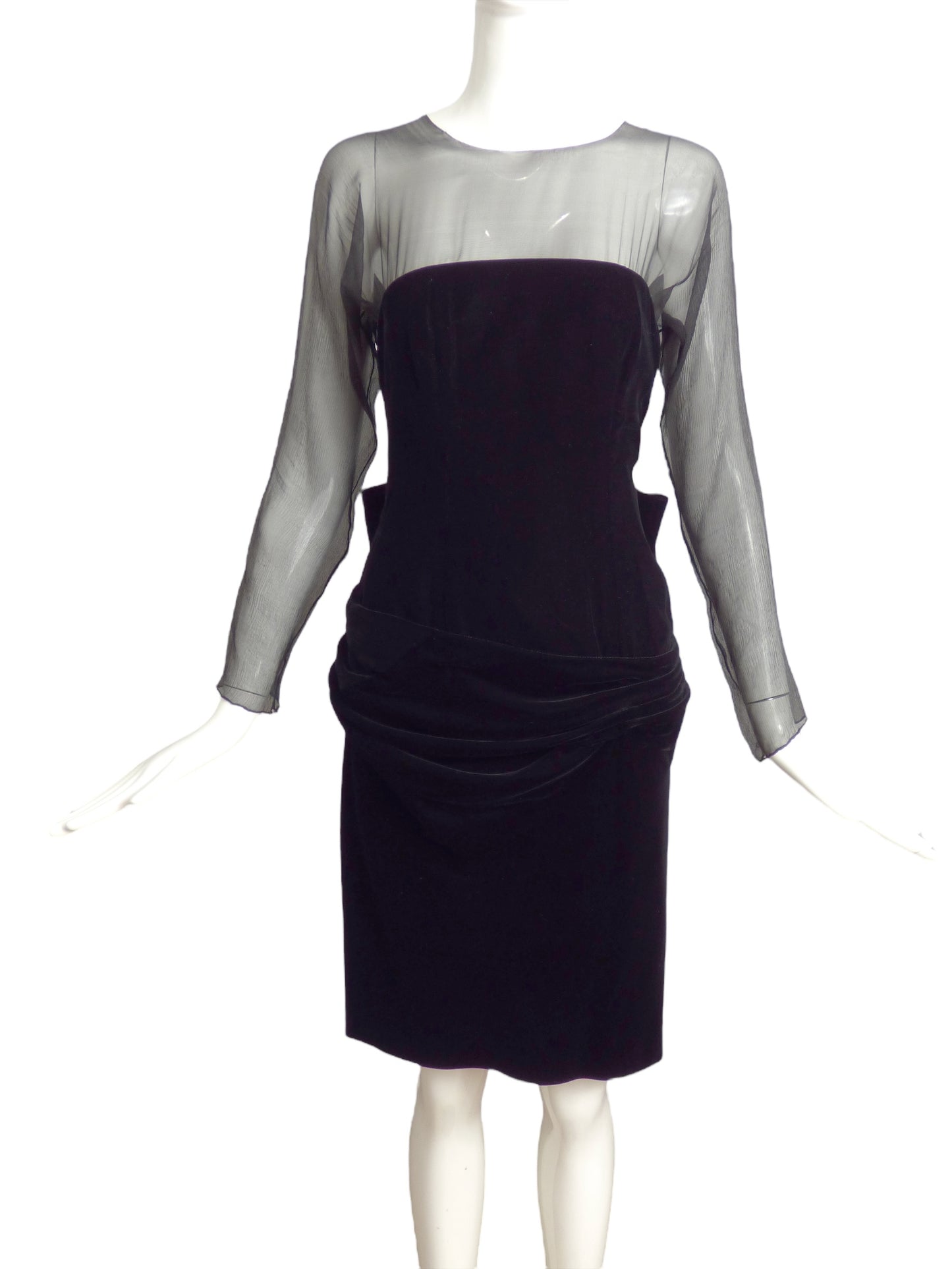 OSCAR DE LA RENTA- 1980s Black Velvet & Chiffon Dress, Size 4