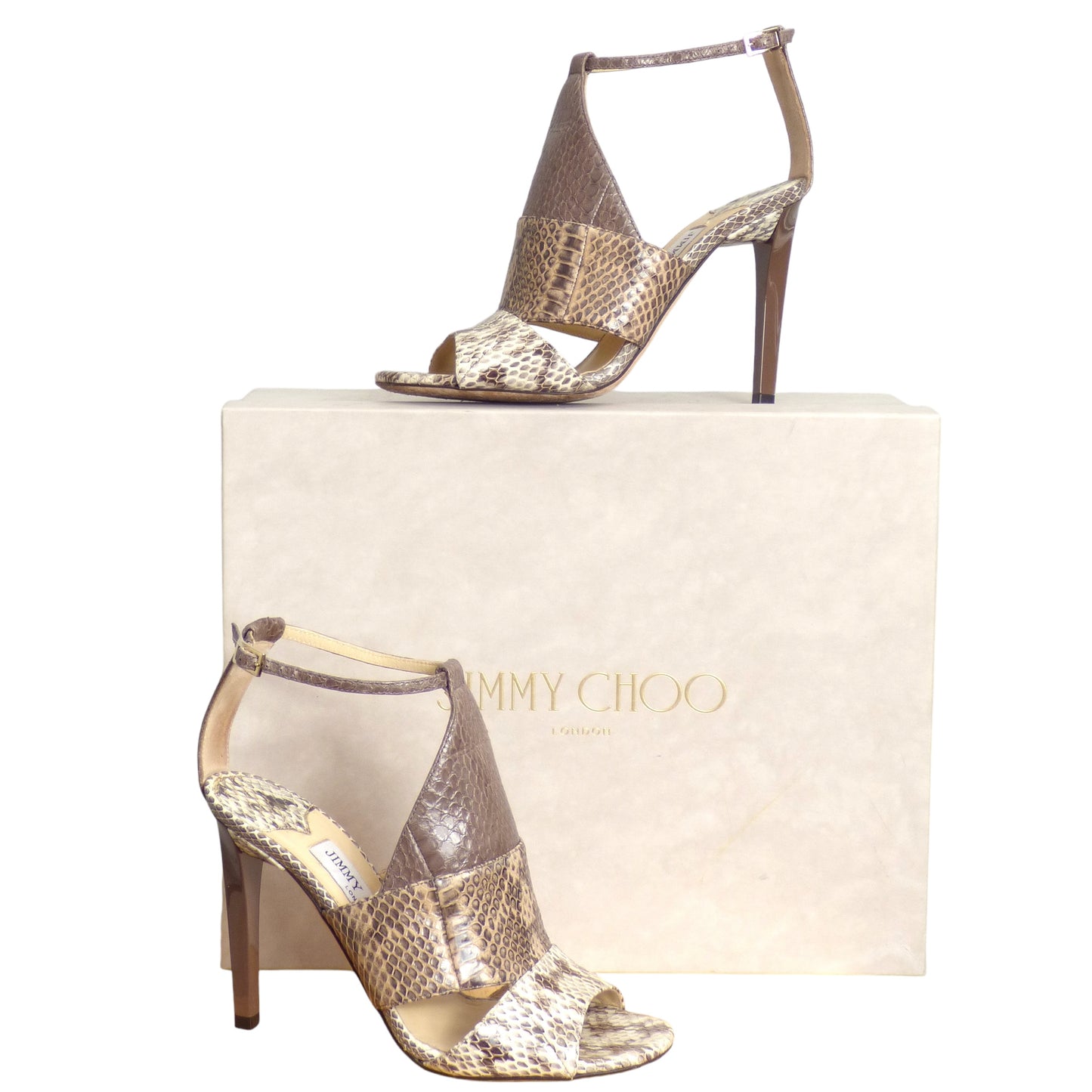 JIMMY CHOO- Gray Snakeskin Sandals, Size 35.5