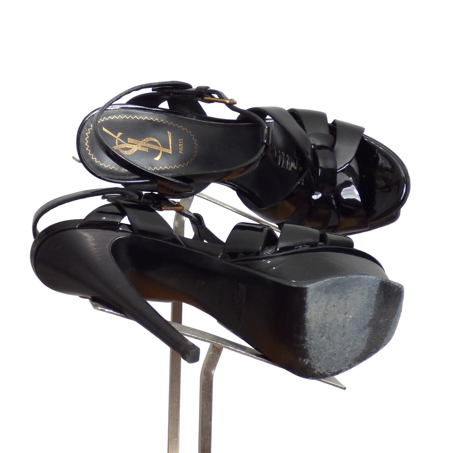 YVES SAINT LAURENT- Black Patent Leather Tribute Sandals, Size 36