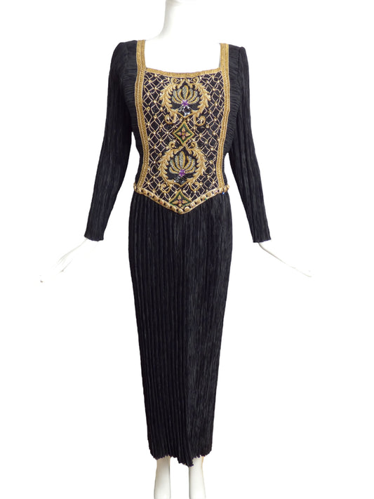 MARY MCFADDEN- 1980s Black Beaded Plisse Gown, Size 12