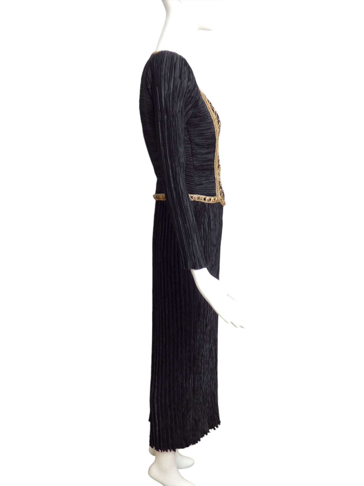 MARY MCFADDEN- 1980s Black Beaded Plisse Gown, Size 12