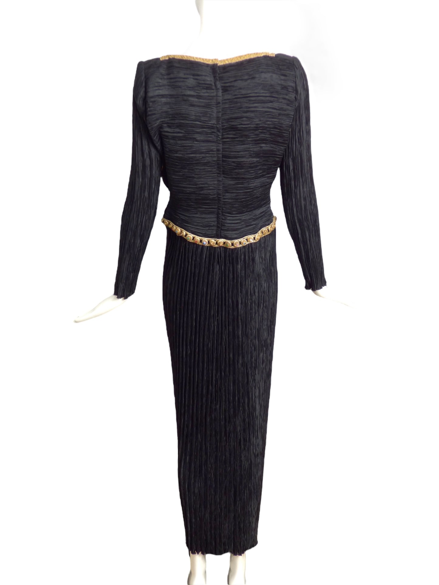 MARY MCFADDEN- 1980s Black Beaded Plisse Gown, Size 12