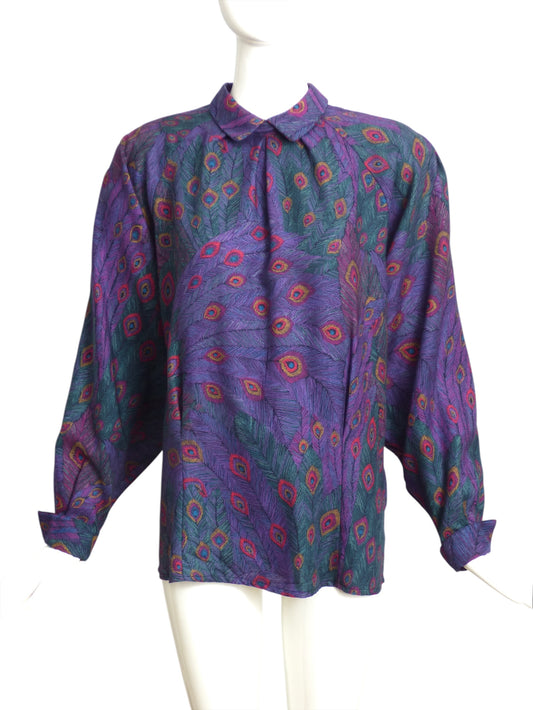 PERRY ELLIS- 1980s Wool Peacock Feather Print Blouse, Size 10