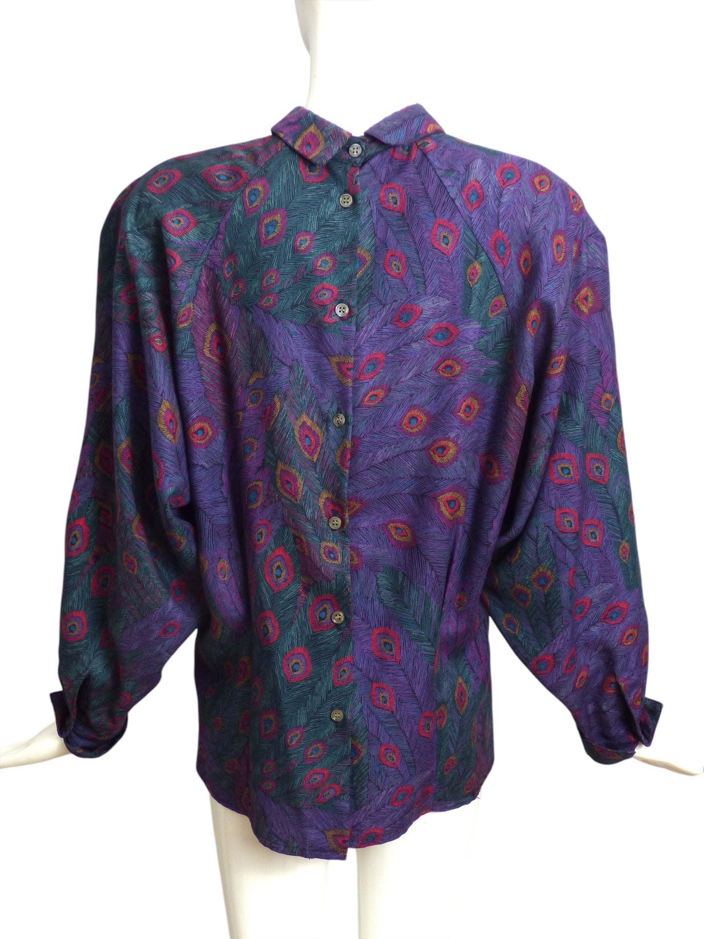 PERRY ELLIS- 1980s Wool Peacock Feather Print Blouse, Size 10