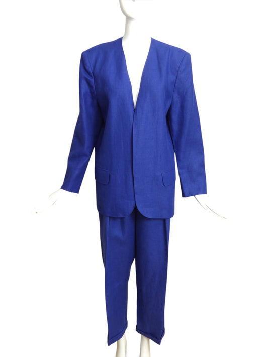 MAX MARA- 1980s Blue Linen Pant Suit, Size 10