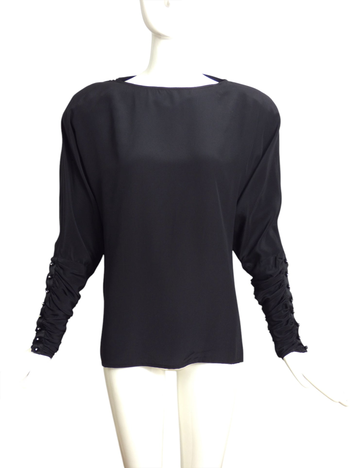 GIANNI VERSACE- 1980s Black Shirred Silk Blouse, Size 8