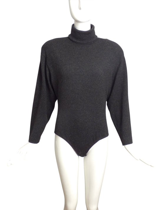 DONNA KARAN- 1980s Grey Wool Bodysuit, Size 10