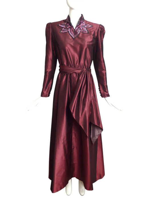 JEAN-LOUIS SCHERRER- 1980s Burgundy Sequin Taffeta Gown, Size 8