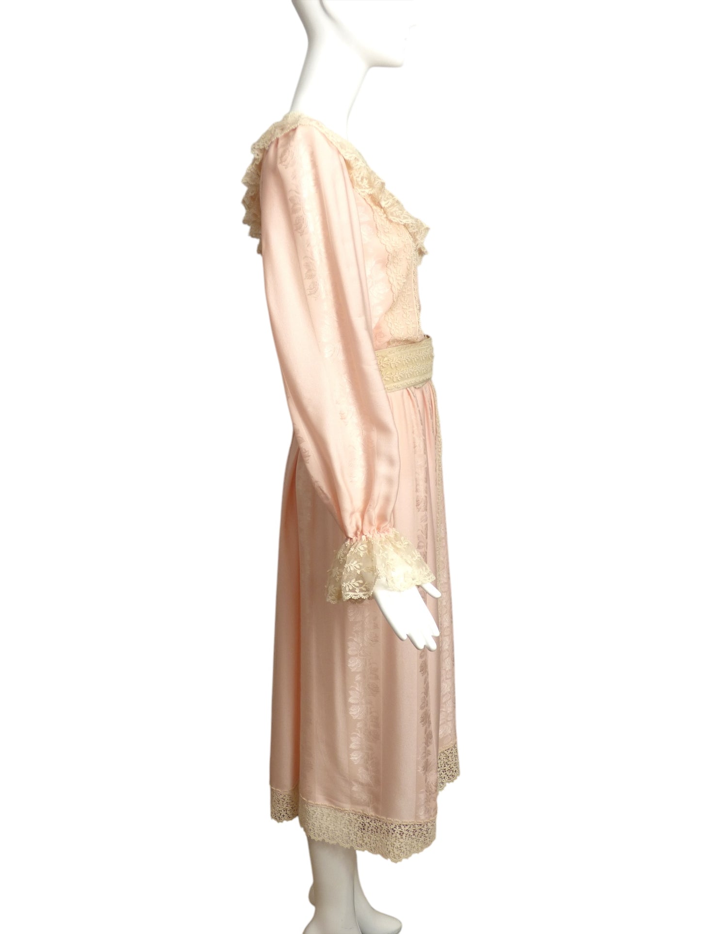 OSCAR DE LA RENTA- 1970s Pink SIlk Jacquard & Lace Ensemble, Size 10