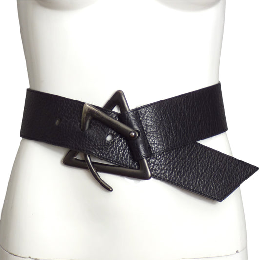 ISSEY MIYAKE- 1980s Black Pebbled Leather Waist Belt, Med