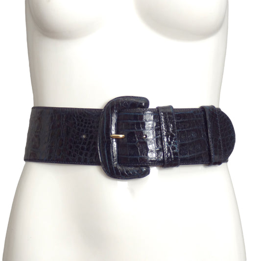 DONNA KARAN- 1980s Navy Crocodile Waist Belt, Size Small