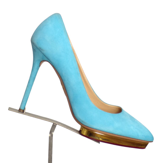 CHARLOTTE OLYMPIA- Aqua Suede Platform Pumps, Size 39.5