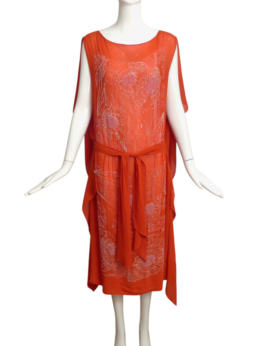 ADAIR- 1920s Orange Beaded Chiffon Gown, Size 4