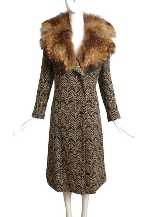 DONALD BROOKS- 1970s Wool Tweed & Fur Coat, Size 6