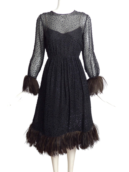 ELIZABETH ARDEN- 1960s Black Feather Trim Cocktail Dress, Size 4