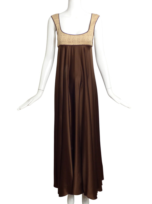 JANE BOOKE-1990s Brown Satin Empire Gown, Size 6