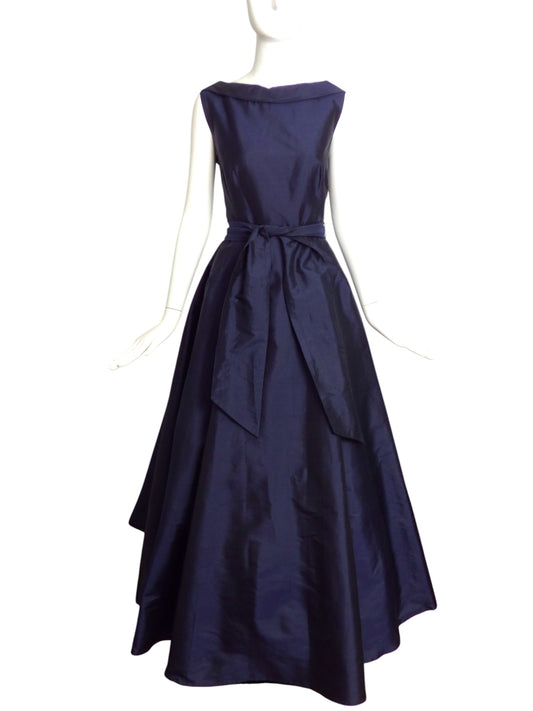 CATHERINE REGEHR- Navy Taffeta Belted Ballgown, Size 8