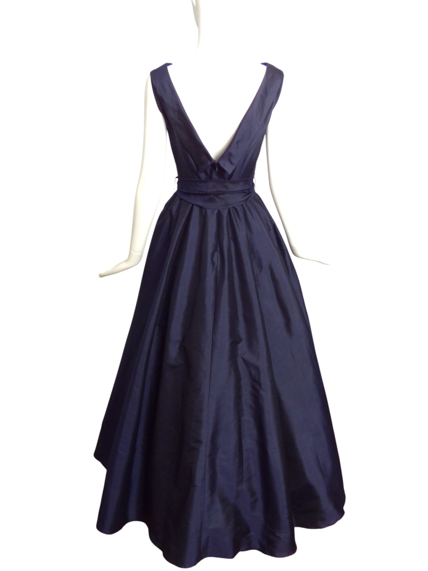 CATHERINE REGEHR- Navy Taffeta Belted Ballgown, Size 8