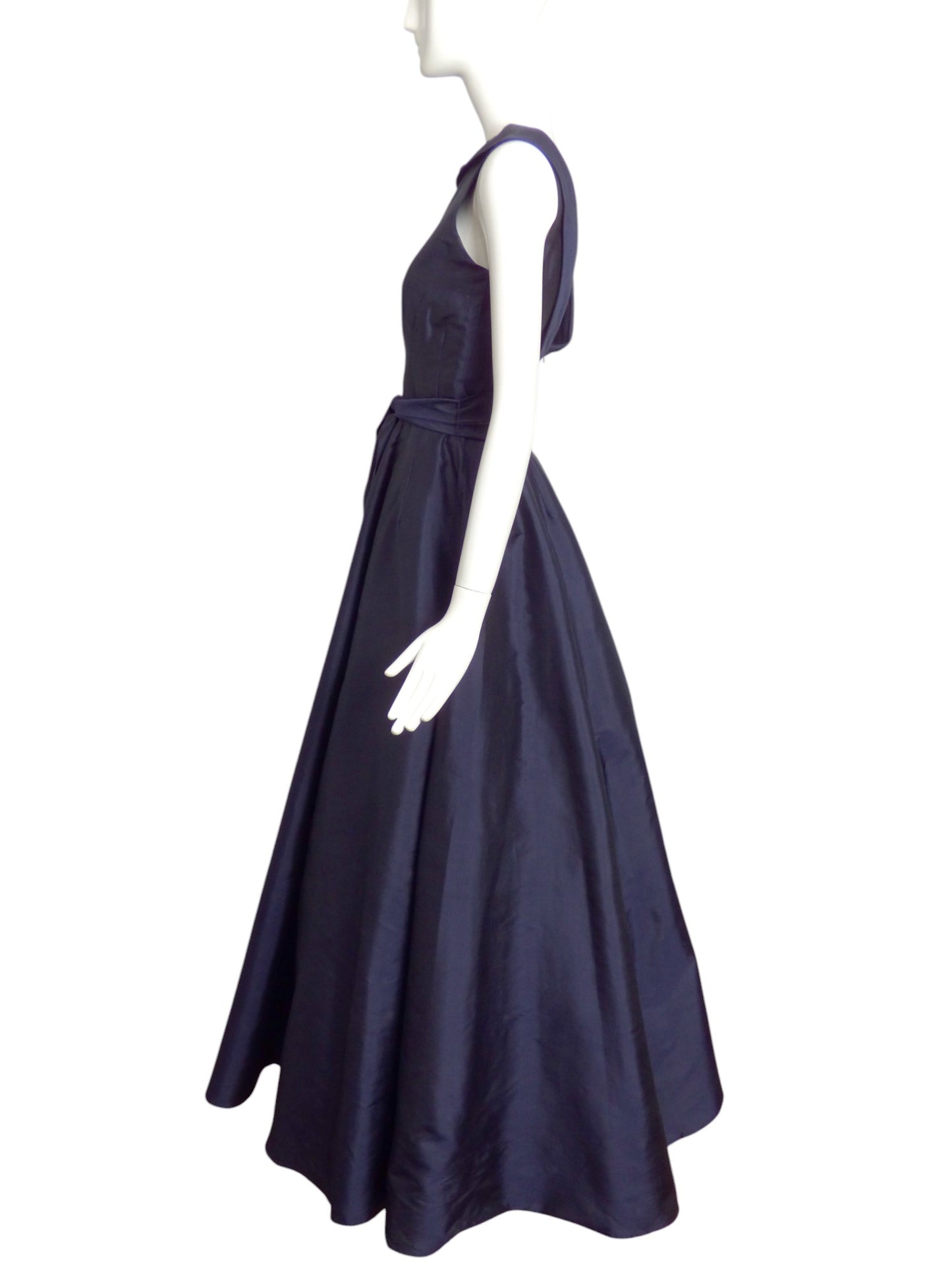 CATHERINE REGEHR- Navy Taffeta Belted Ballgown, Size 8