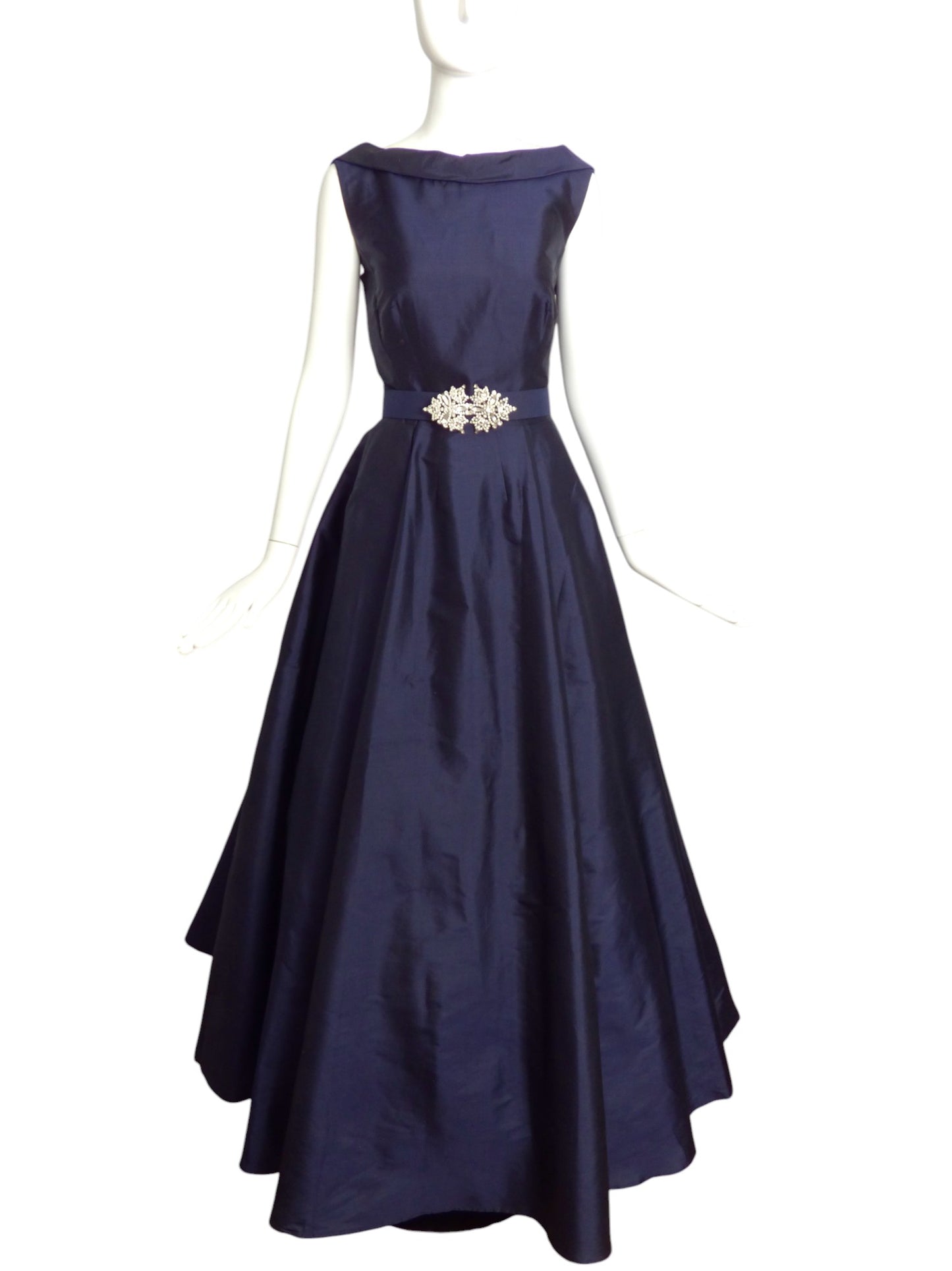 CATHERINE REGEHR- Navy Taffeta Belted Ballgown, Size 8