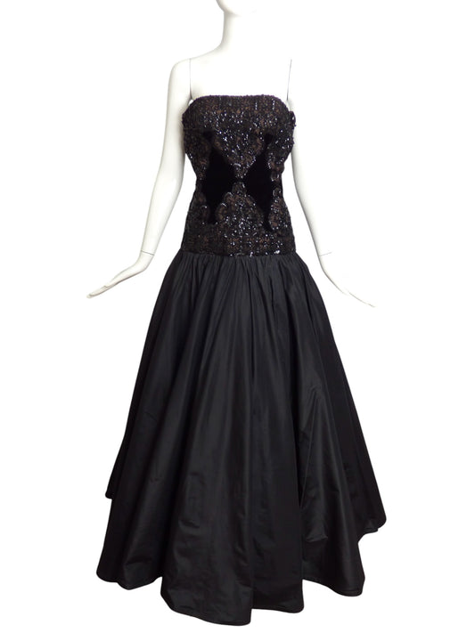 ALBERT CAPRARO- 1980s Black Sequin & Taffeta Ballgown, Size 6