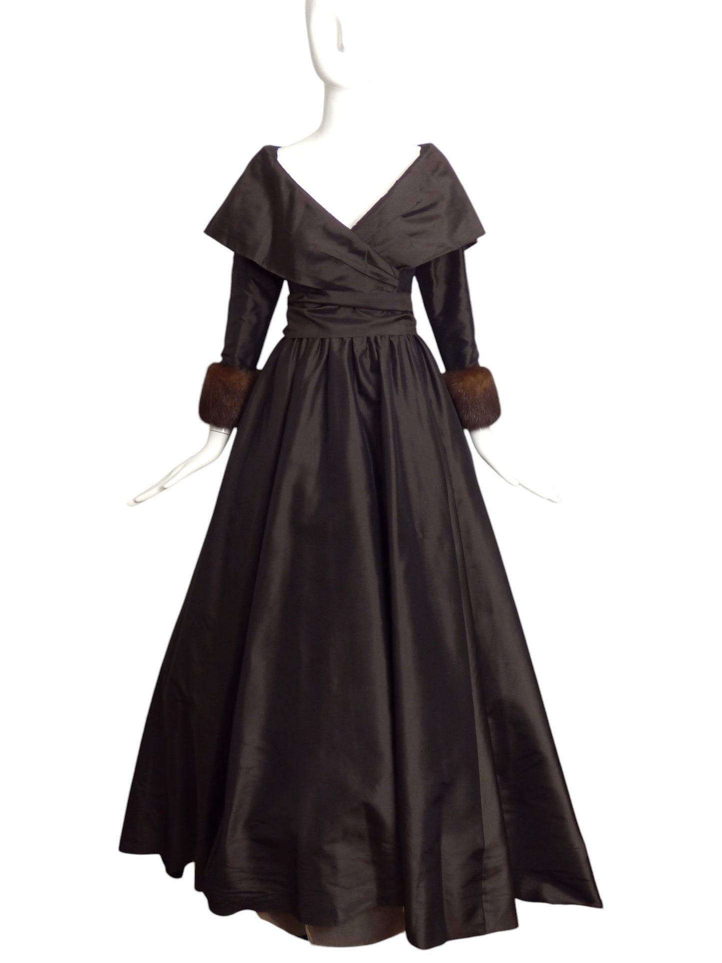 CATHERINE REGEHR- 1980s Brown Taffeta & Mink Ballgown, Size 8