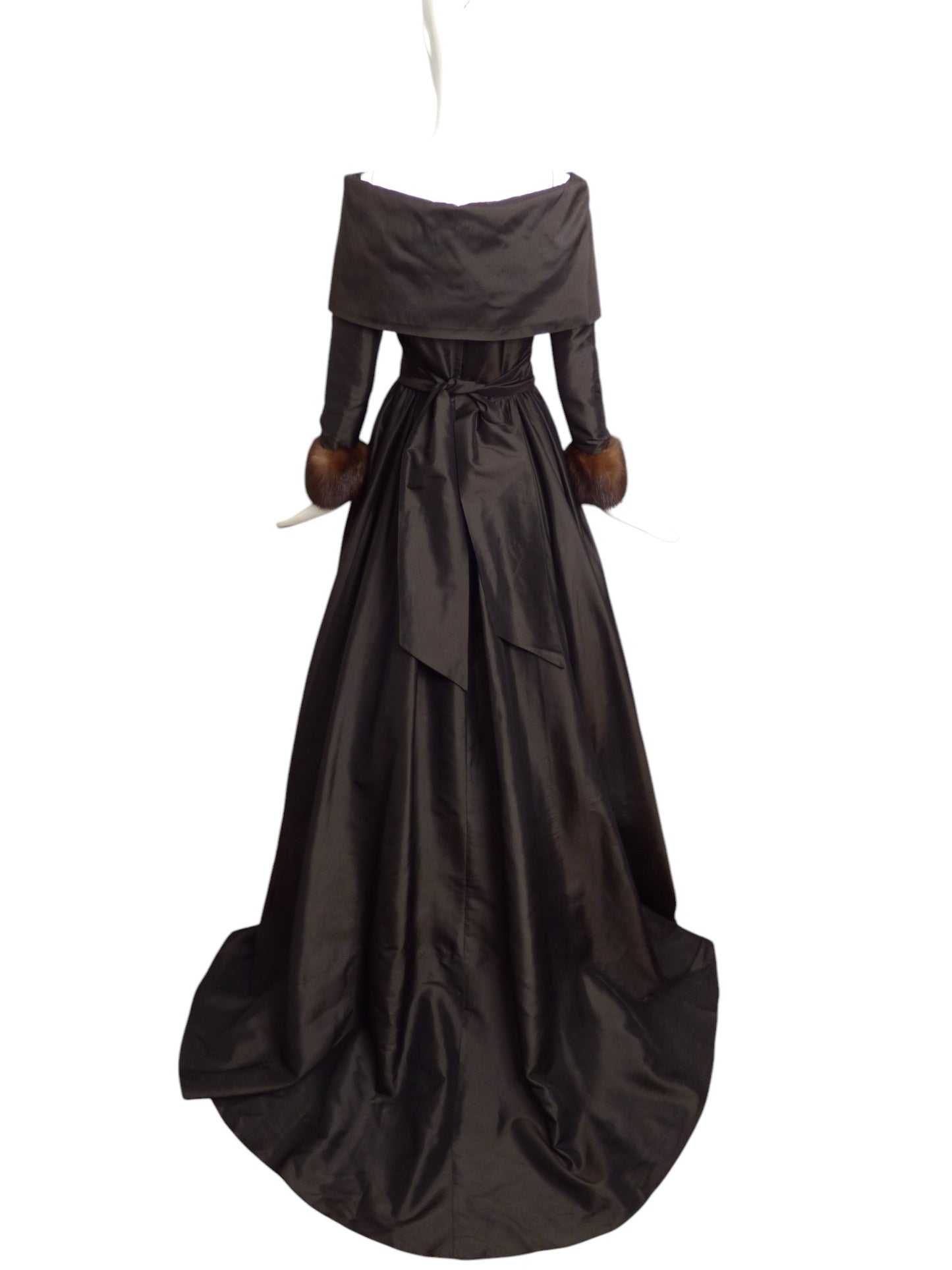 CATHERINE REGEHR- 1980s Brown Taffeta & Mink Ballgown, Size 8